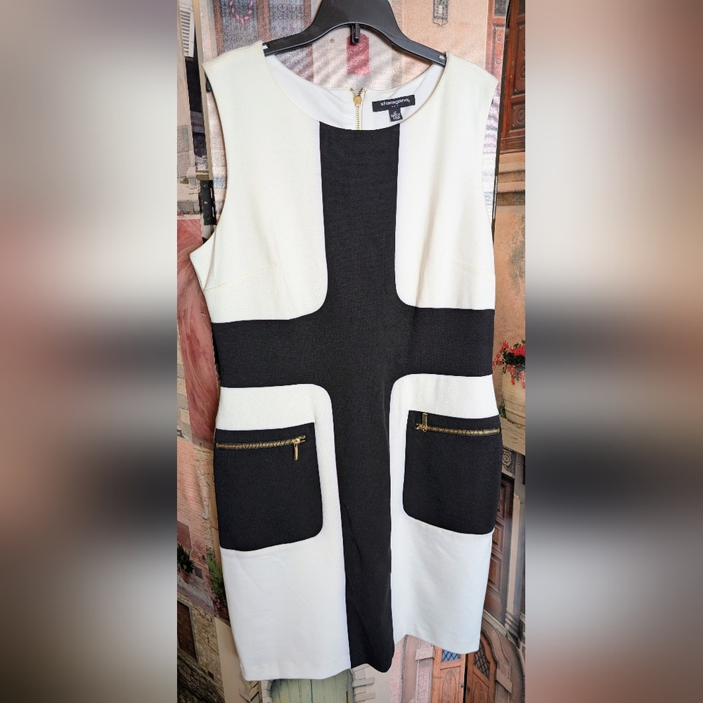 Sharagano Black and White Midi Dress with Gold Accents